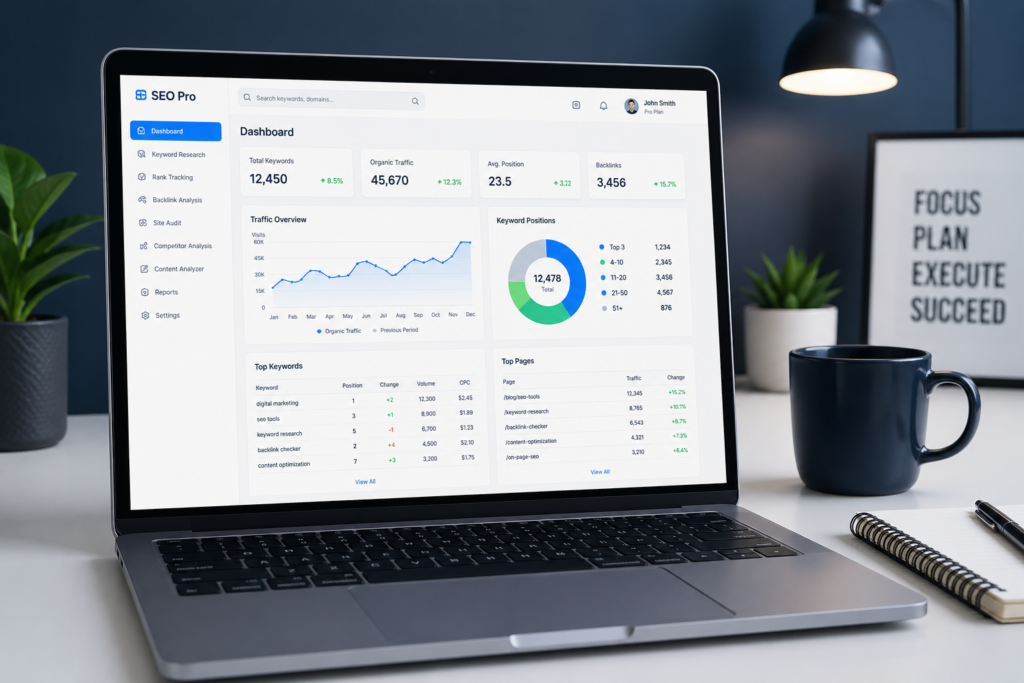 SEO competitor analysis comparing keyword rankings, traffic, and content gaps between websites