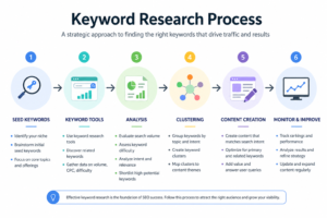 Step-by-step keyword research process from seed keywords to content creation infographic