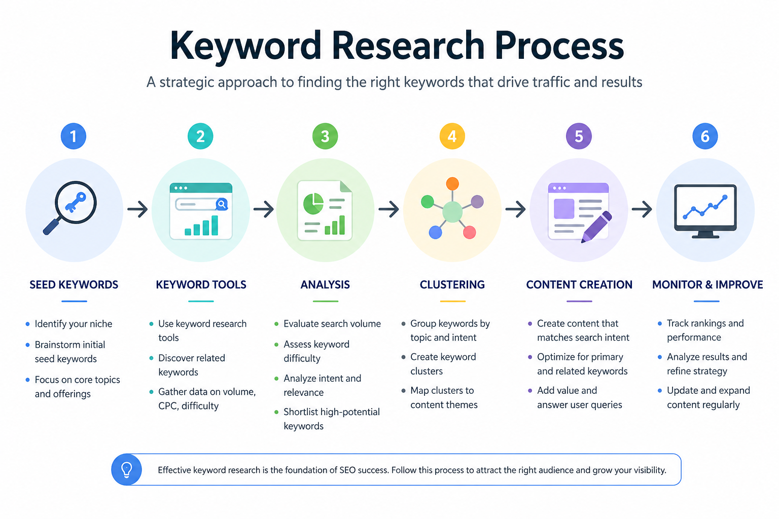Step-by-step keyword research process from seed keywords to content creation infographic