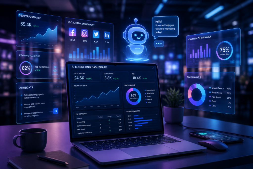 Futuristic digital marketing workspace