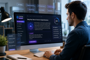Digital marketer using an AI writing assistant on a desktop computer in a modern office, with floating SEO keywords, blog content interface, and futuristic digital marketing dashboard elements.