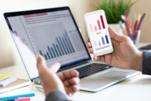 Small business growth through social media optimization with digital analytics dashboard, branding icons, and rising engagement charts.
