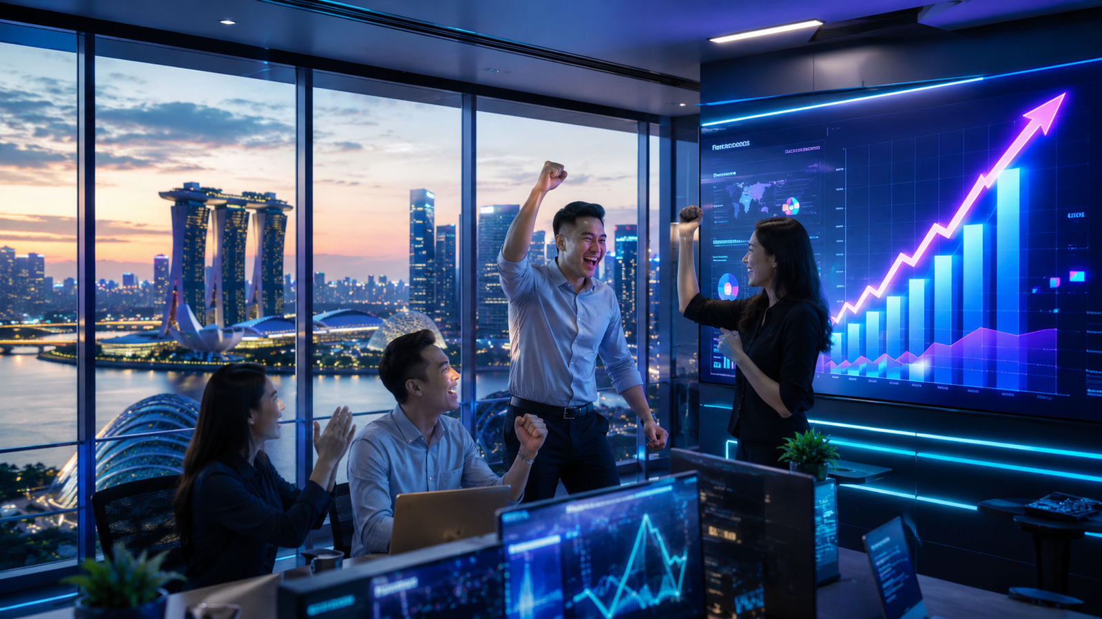 Professional digital marketing team celebrating SEO success with glowing upward growth charts, futuristic analytics dashboard, and Singapore skyline in a modern neon-lit office environment.