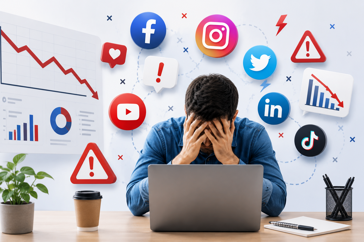 Frustrated businessman sitting at a desk with a laptop, surrounded by social media icons, warning symbols, declining analytics charts, and digital marketing elements representing social media marketing mistakes affecting business growth.