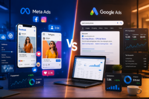 Split-screen illustration of digital advertising, with social media ads showing likes and comments on one side and search ads with analytics dashboards on the other, in a clean modern workspace with contrasting blue and orange lighting.