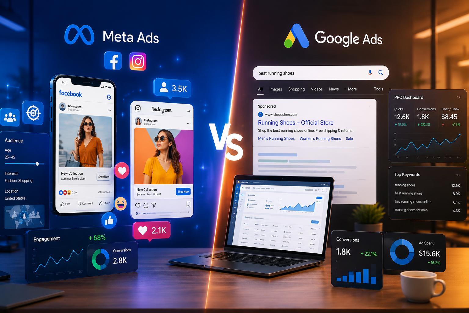 Split-screen illustration of digital advertising, with social media ads showing likes and comments on one side and search ads with analytics dashboards on the other, in a clean modern workspace with contrasting blue and orange lighting.