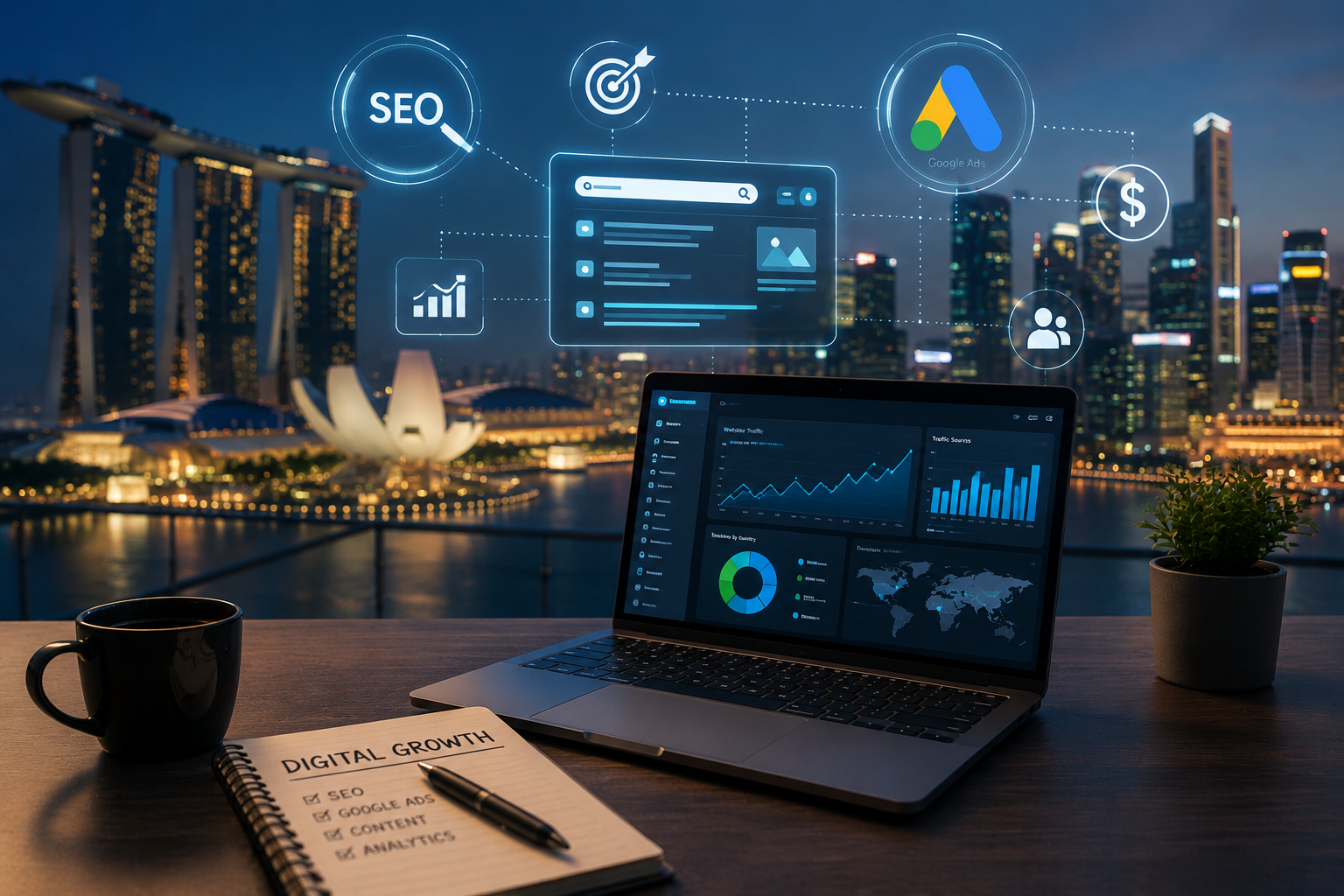 Modern digital marketing workspace in Singapore featuring SEO and Google Ads analytics dashboards, laptop with traffic growth charts, and futuristic marketing interface