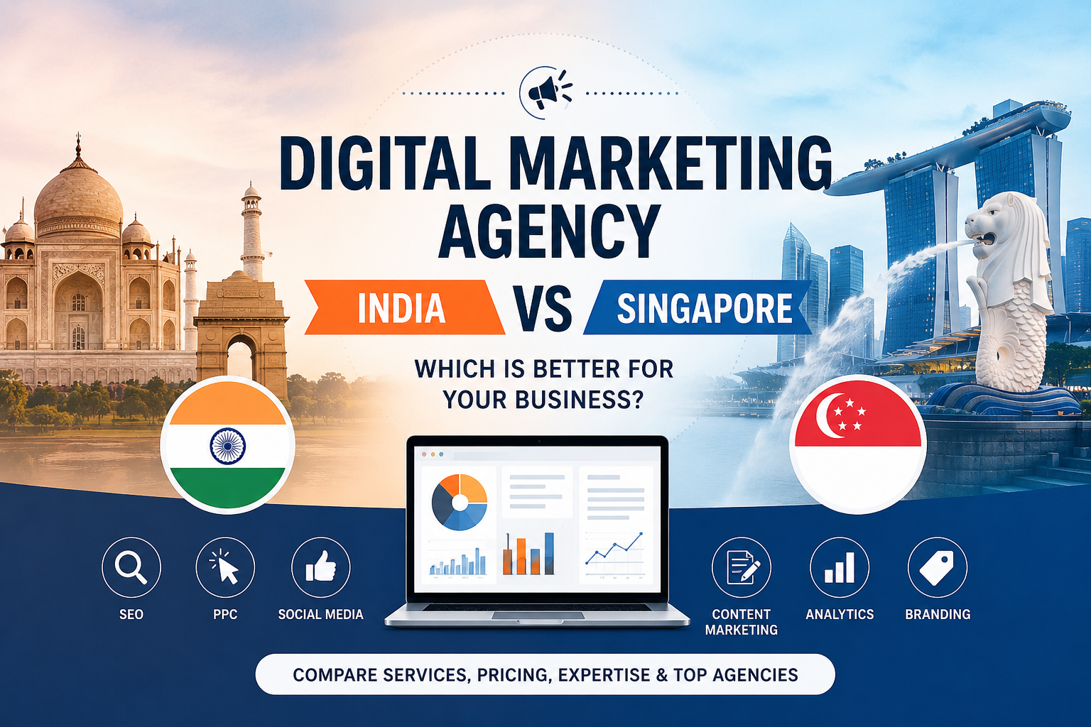Featured image comparing digital marketing agencies in India and Singapore with SEO, PPC, analytics, branding, and business growth visuals.