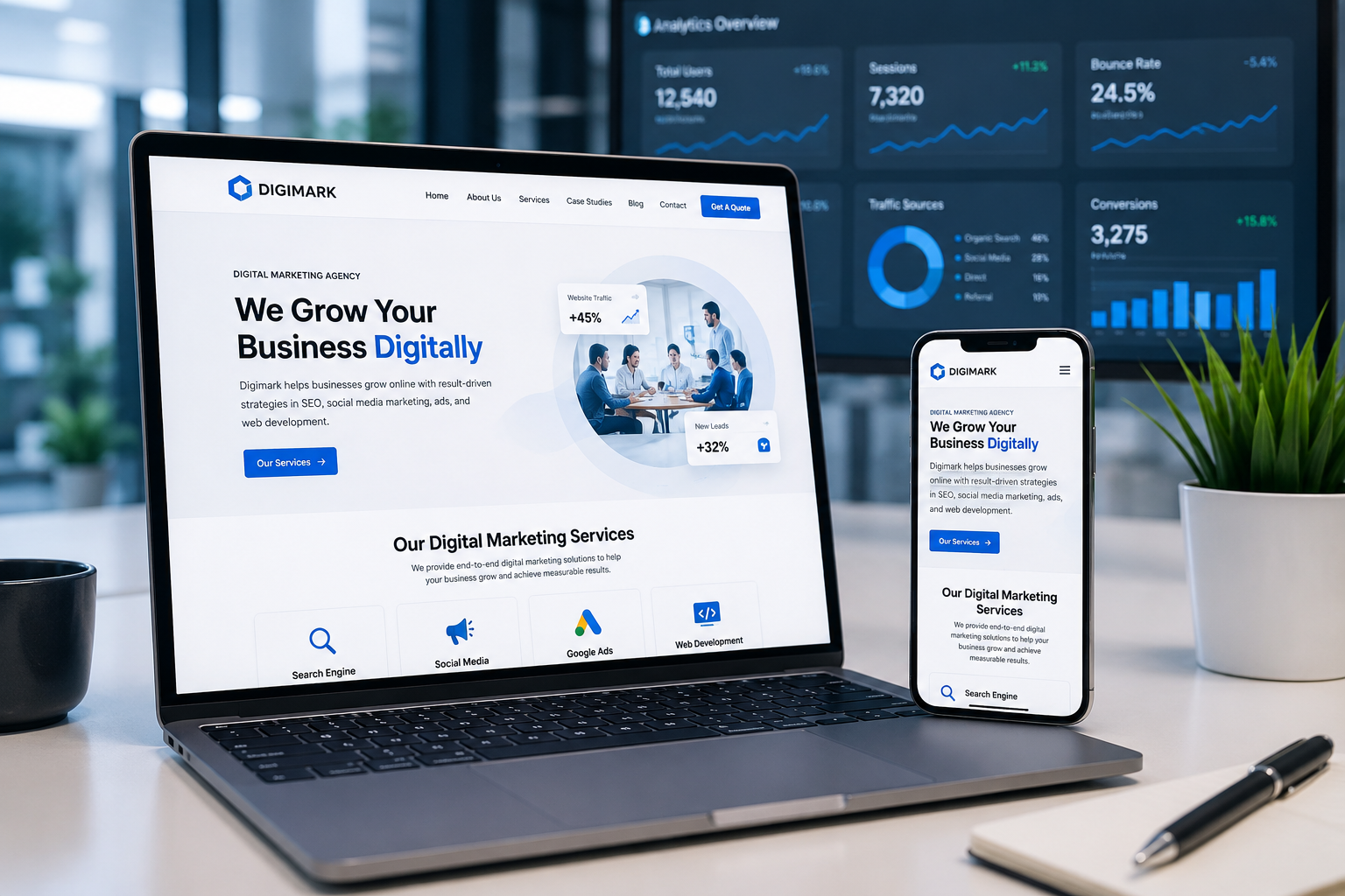 Professional business website displayed on desktop and mobile devices in a modern digital workspace