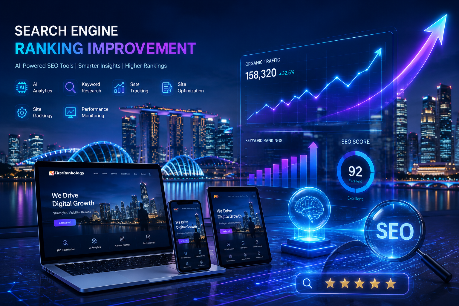 Futuristic SEO marketing concept featuring AI-powered analytics dashboards, responsive website interfaces on multiple devices, glowing search ranking graphs, and Singapore skyline in the background with blue and purple neon lighting