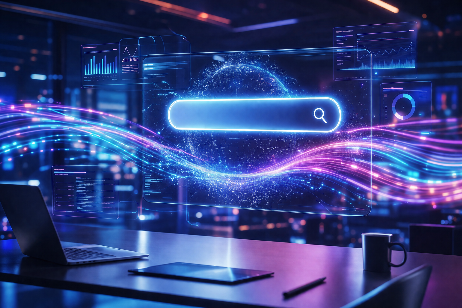 Futuristic AI-powered search engine interface with glowing search bar, data streams, and holographic digital marketing dashboard in a modern high-tech workspace