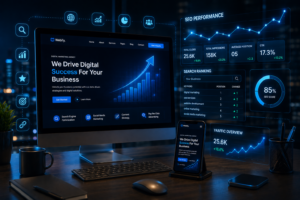 AI-powered SEO optimization dashboard displayed on desktop screen with glowing search ranking charts, digital marketing analytics, and futuristic blue neon workspace setup