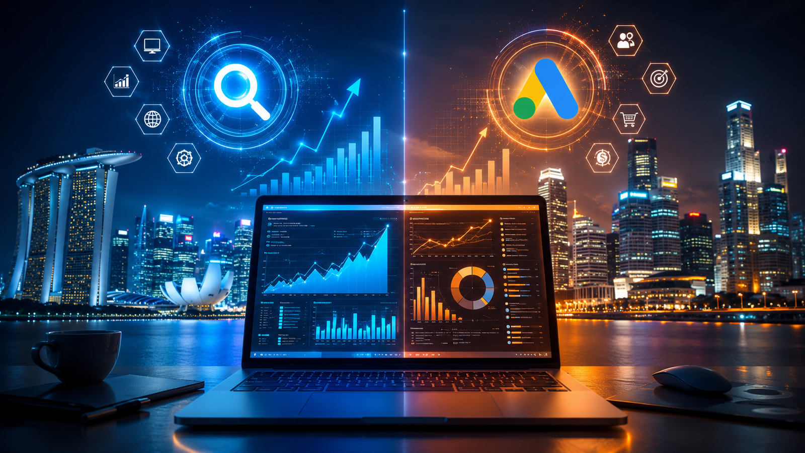 Professional digital marketing comparison concept showing SEO vs Google Ads in Singapore