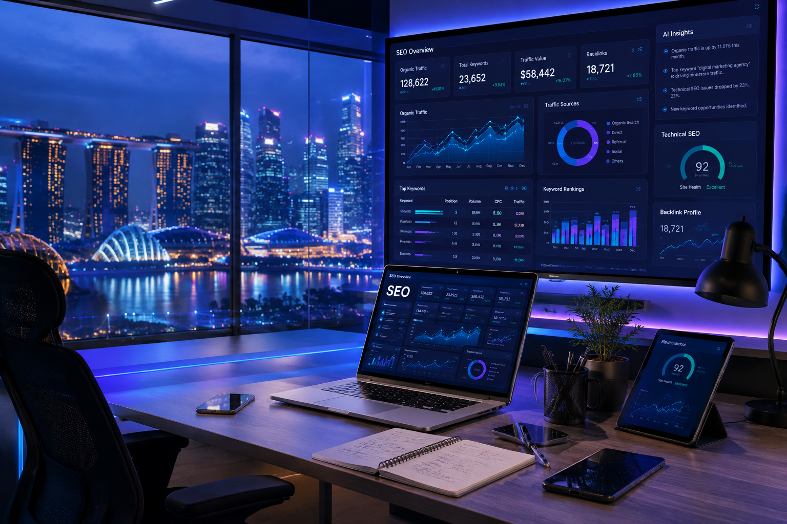 Futuristic SEO and digital marketing workspace with AI-powered analytics, responsive website interfaces on laptop, tablet, and smartphone, glowing search ranking graphs, SEO dashboard metrics, and Singapore skyline illuminated with blue and purple neon lighting.