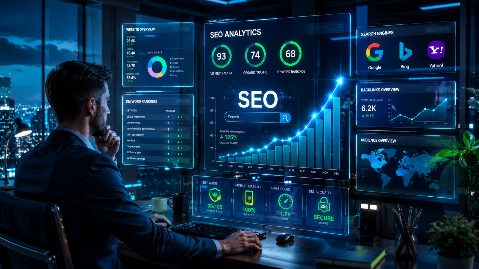 Professional digital marketer analyzing futuristic SEO analytics dashboard with holographic screens displaying website rankings, organic traffic growth charts, keyword performance, and search engine optimization data