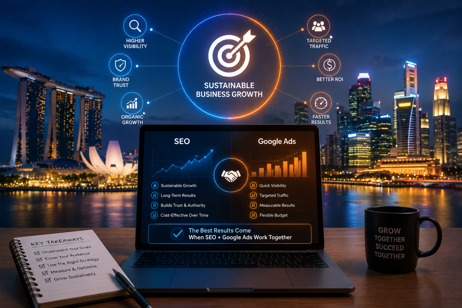 Digital marketing growth concept comparing SEO and Google Ads in Singapore with analytics dashboard, business growth icons, and modern city
