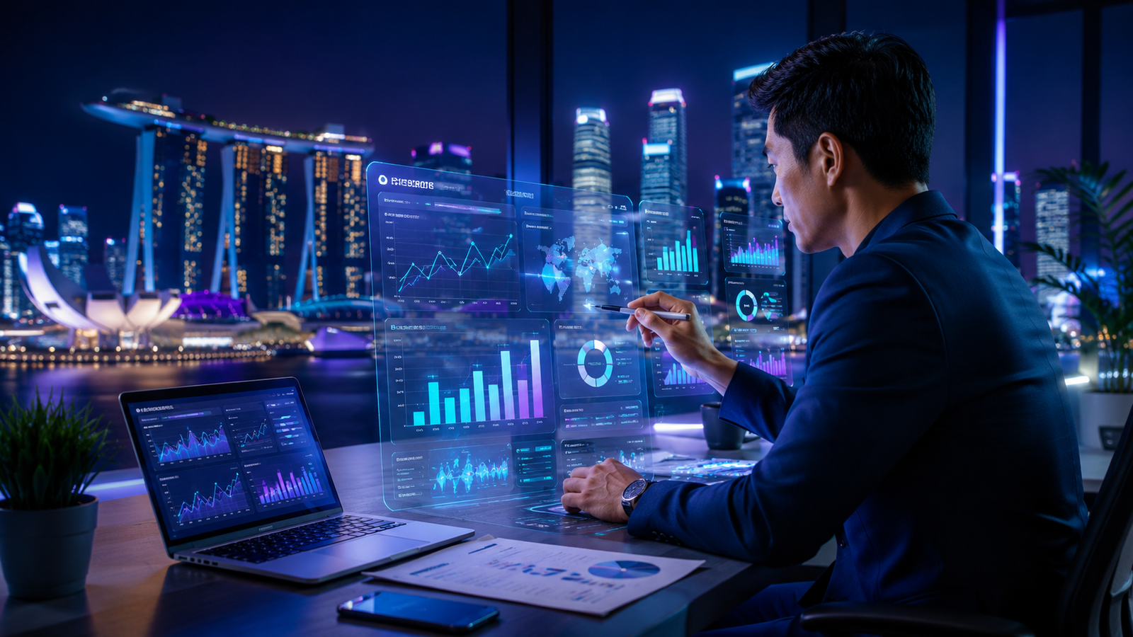 Professional Singapore business owner analyzing SEO performance and Google ranking growth on futuristic digital dashboards with glowing analytics charts and Singapore skyline in the background.