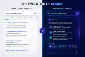 Split-screen illustration showing evolution of search engines from traditional keyword-based results to AI-powered search with smart answers and interactive interface