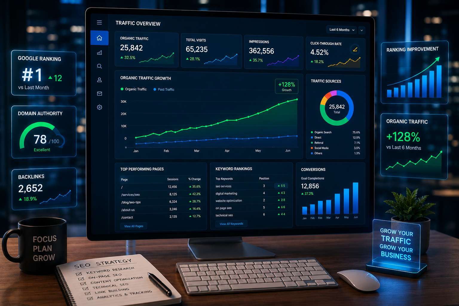 Futuristic website traffic growth dashboard displaying rising SEO analytics charts, organic traffic performance, keyword rankings, backlink metrics, and conversion statistics in a modern digital marketing workspace with glowing blue interface elements.
