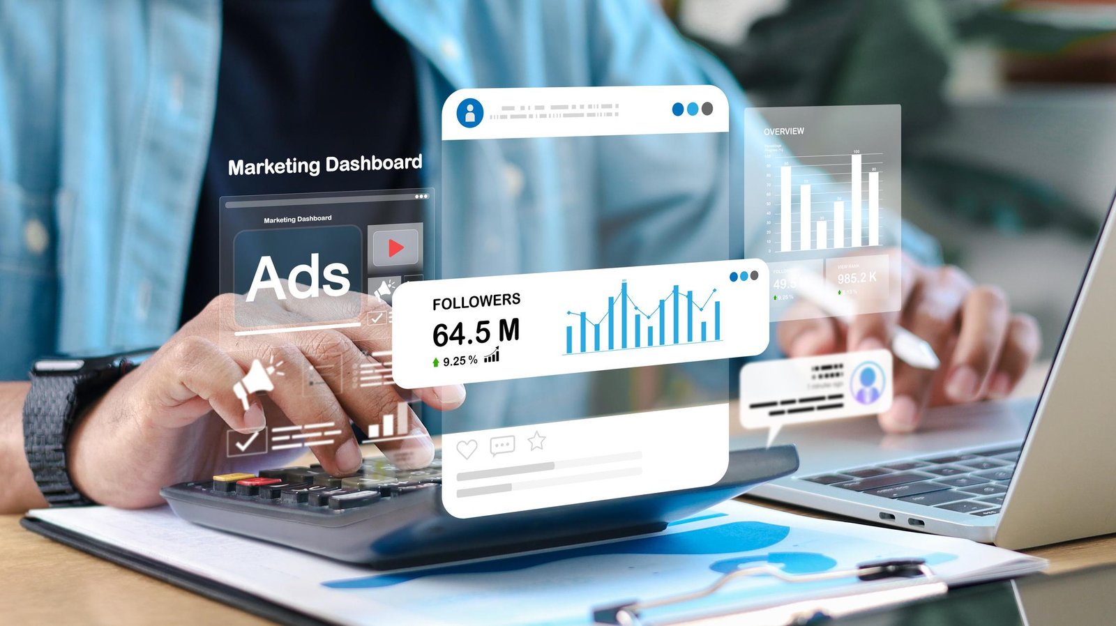 Small business social media optimization concept with analytics dashboard, smartphone marketing interface, engagement graphs, and digital branding elements.