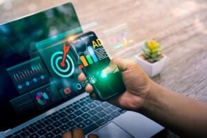 Small business owner using social media optimization tools with analytics dashboard, engagement charts, and digital marketing workspace.