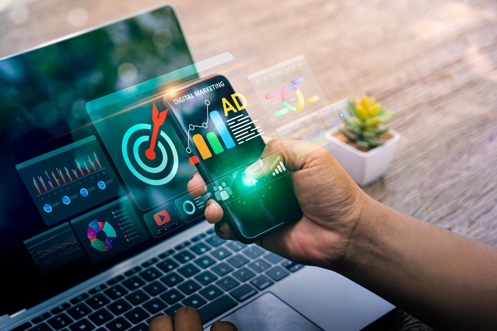 Small business owner using social media optimization tools with analytics dashboard, engagement charts, and digital marketing workspace.