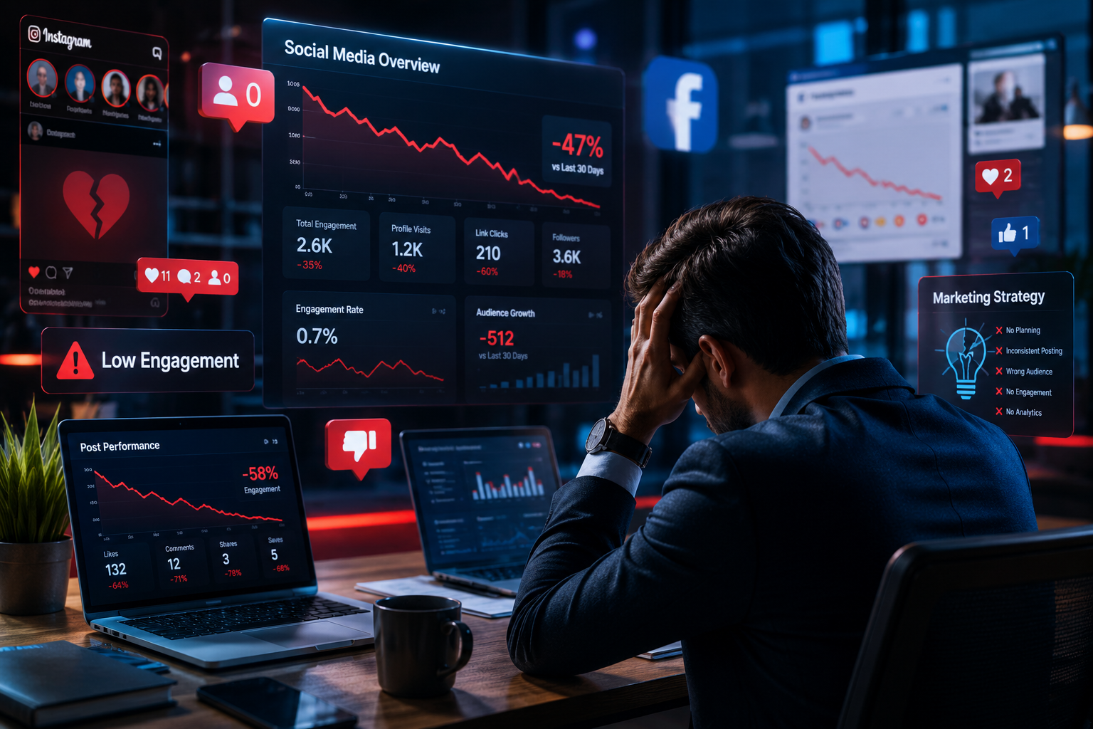 Frustrated businessman analyzing declining social media performance on a laptop with analytics dashboards, low engagement graphs, and social media icons