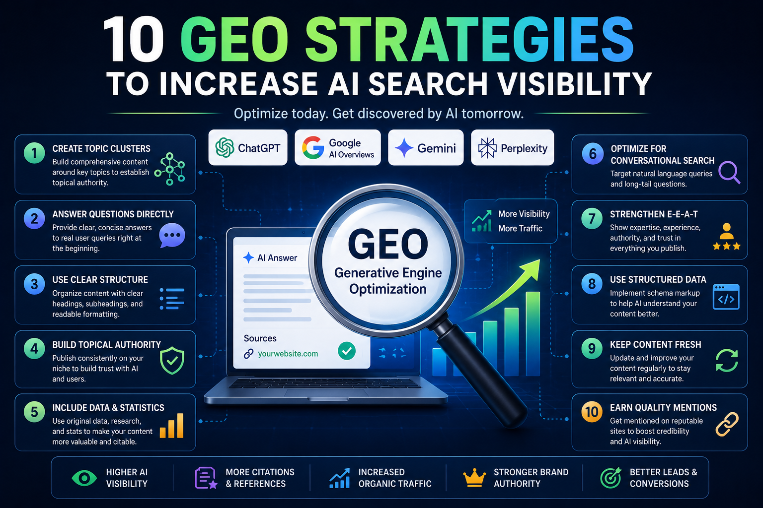 Infographic showing 10 GEO strategies to increase AI search visibility, featuring ChatGPT, Google AI Overviews, Gemini, and Perplexity alongside content optimization, authority building, and traffic growth tactics.