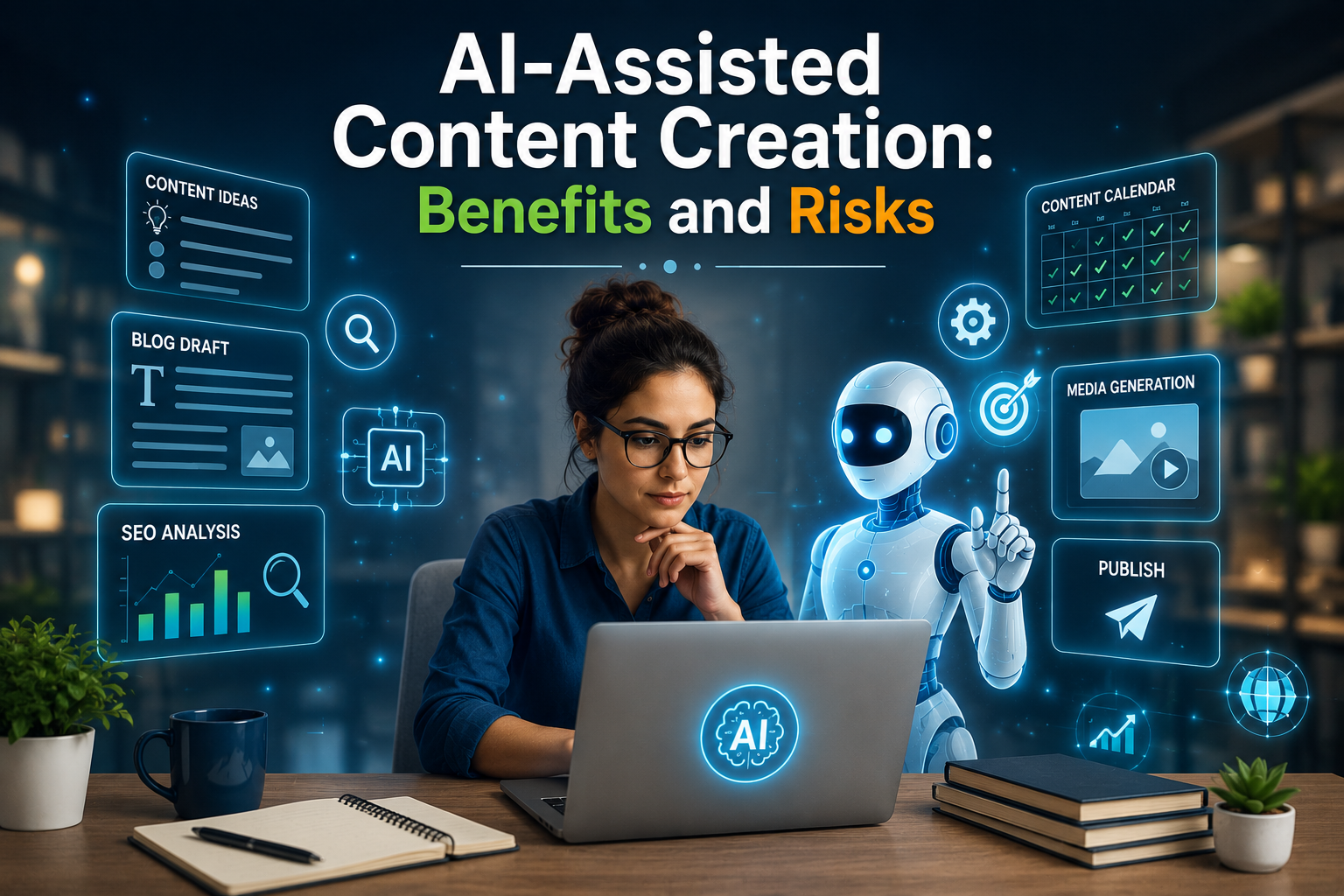 AI-powered content creation dashboard with digital marketing analytics, content workflow automation, and human collaboration