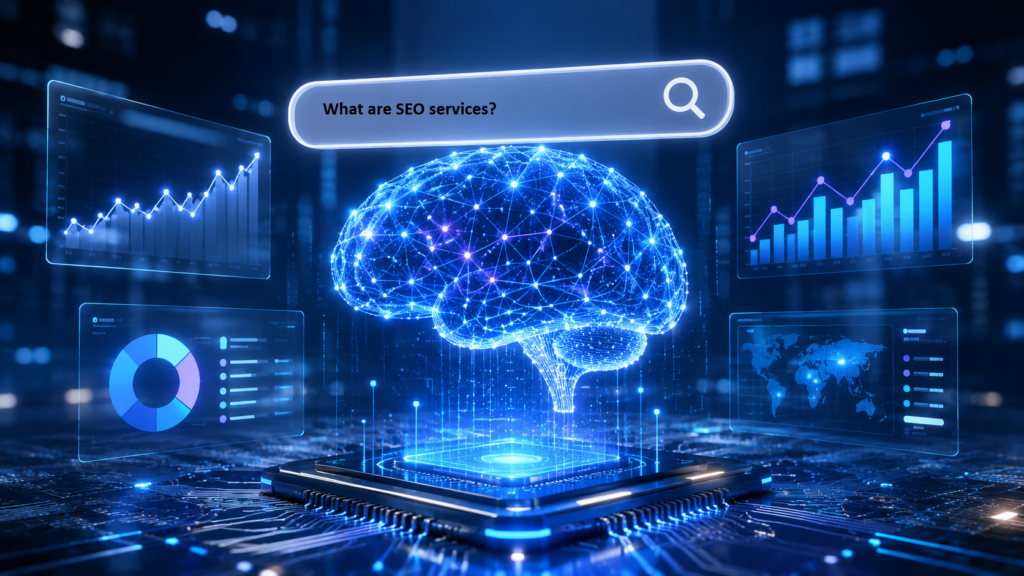 Futuristic AI brain made of glowing neural networks analyzing search data, surrounded by SEO analytics dashboards, search interface, traffic growth charts, and AI chip technology in a modern digital environment.