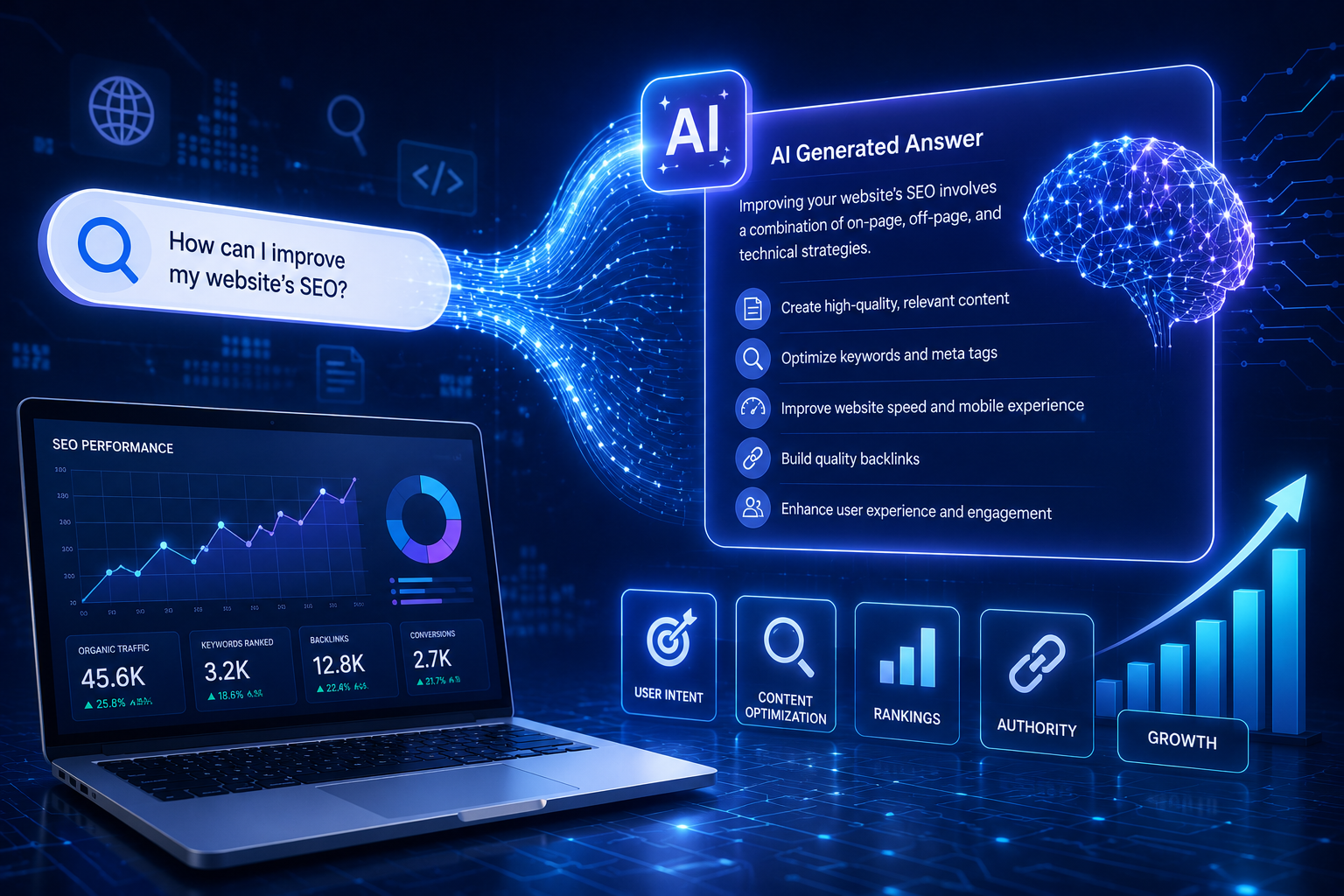 Futuristic AI search interface transforming a search query into an AI-generated answer, with SEO analytics dashboard, ranking charts, content optimization metrics, and organic traffic growth visualization.
