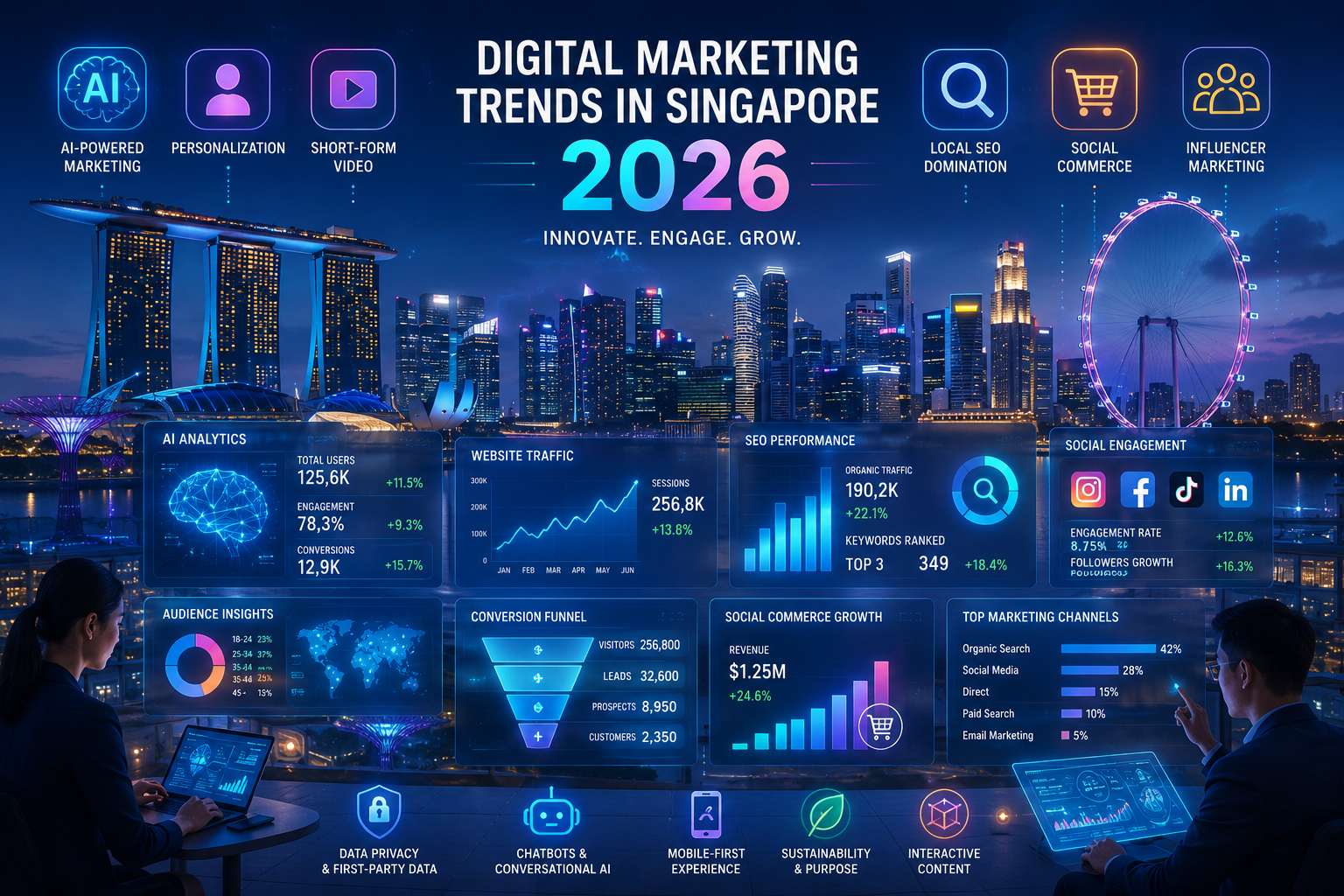 Digital marketing trends in Singapore featuring AI analytics, social media growth, SEO performance, and business innovation for 2026.
