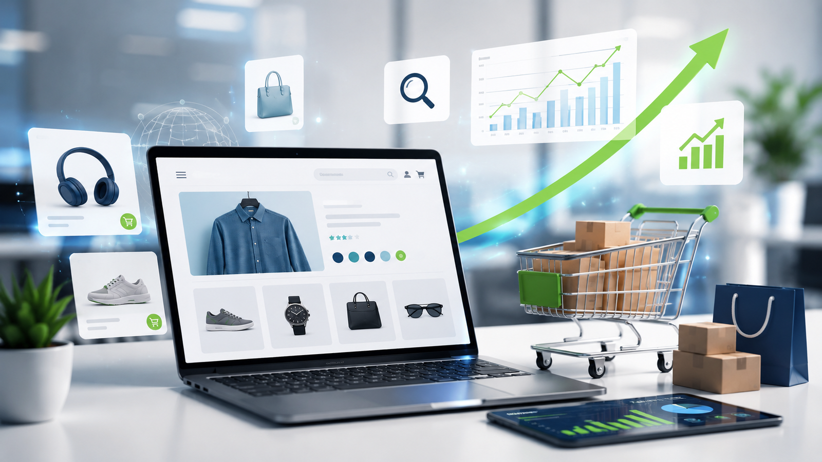 Professional e-commerce SEO growth concept featuring a modern laptop displaying an online store