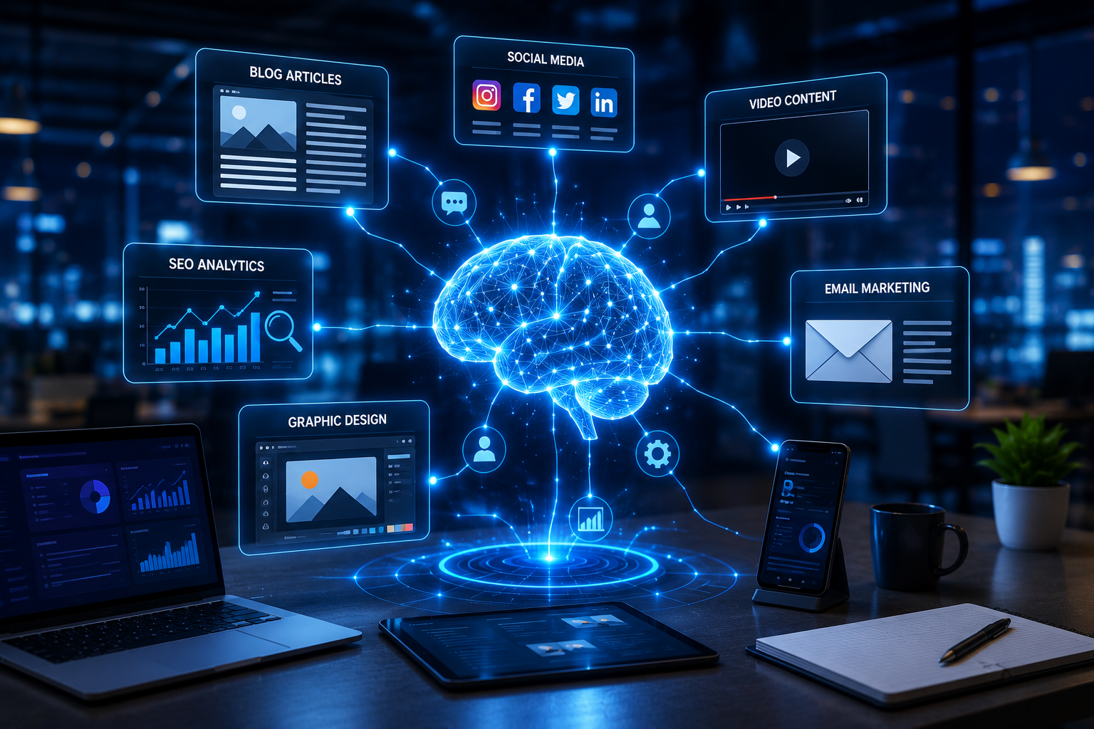 Glowing AI brain connected to blog articles, social media platforms, SEO analytics, video content, email marketing, and graphic design tools through holographic networks in a futuristic digital marketing environment.