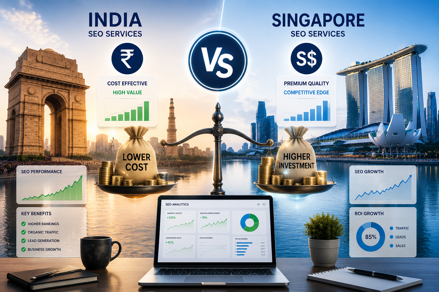 SEO cost comparison between India and Singapore in 2026 featuring India Gate, Marina Bay Sands, digital marketing analytics, SEO performance charts, pricing scales, business growth metrics, and ROI analysis.