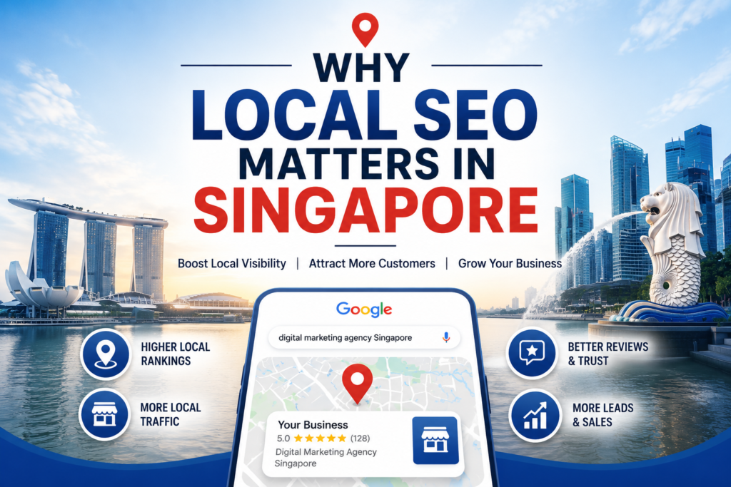Featured image for a Local SEO Singapore blog showing the Singapore skyline, Merlion, Google local search results, map location pins, and business growth metrics highlighting the benefits of local SEO for increased visibility, traffic, reviews, and leads.