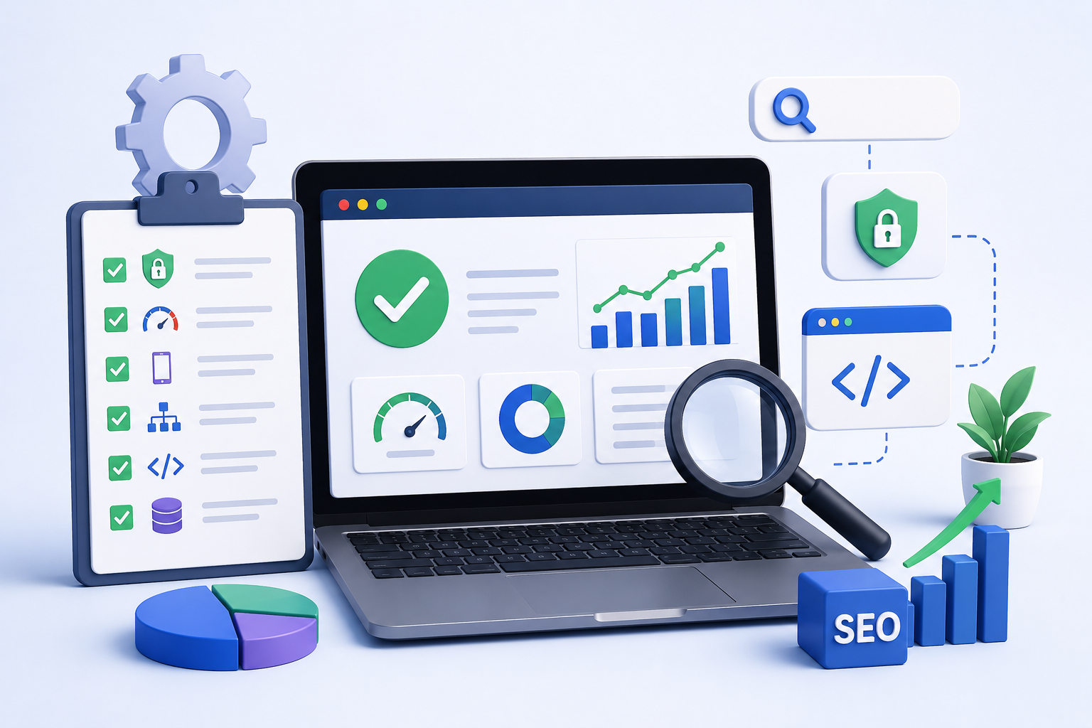3D technical SEO illustration featuring a laptop with website analytics dashboard, SEO audit checklist, performance metrics, security icons, code elements, and search optimization tools.