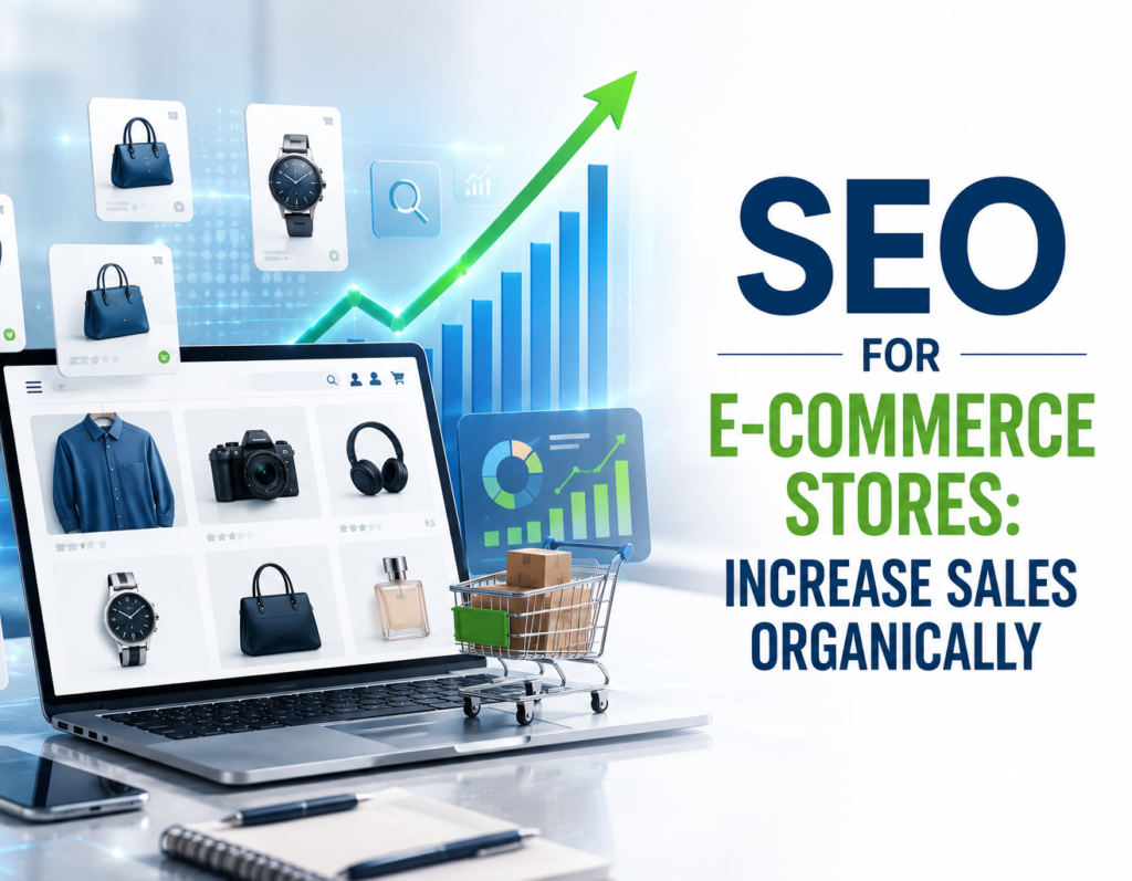 Professional e-commerce SEO growth concept featuring a modern premium laptop displaying a sleek online shopping store