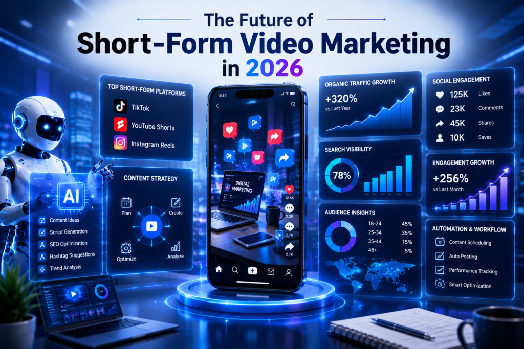 Futuristic short-form video marketing concept featuring AI-powered content creation tools, social media analytics dashboards, SEO growth metrics, and a smartphone displaying digital marketing content in a modern blue-themed workspace.