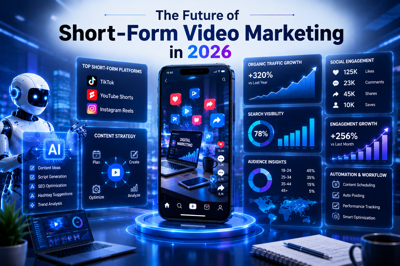 Futuristic short-form video marketing concept featuring AI-powered content creation tools, social media analytics dashboards, SEO growth metrics, and a smartphone displaying digital marketing content in a modern blue-themed workspace.