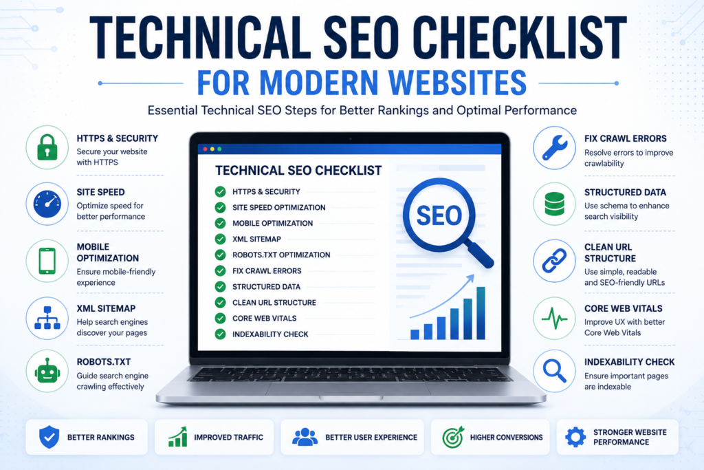 Technical SEO Checklist for Modern Websites infographic featuring a laptop with SEO audit elements, HTTPS security, site speed optimization, mobile SEO, XML sitemap, structured data, Core Web Vitals, and indexing best practices.