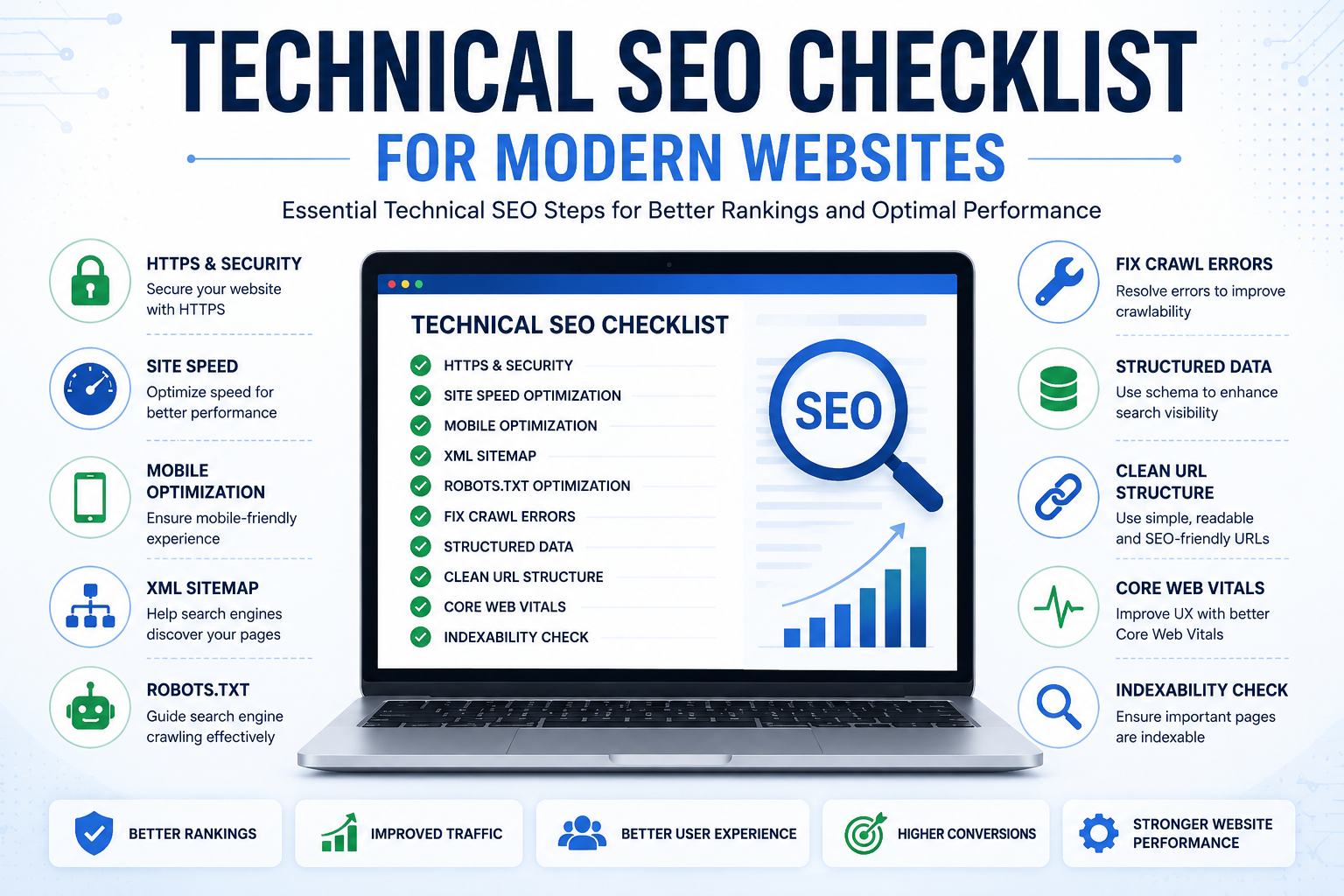 Technical SEO Checklist for Modern Websites infographic featuring a laptop with SEO audit elements, HTTPS security, site speed optimization, mobile SEO, XML sitemap, structured data, Core Web Vitals, and indexing best practices.