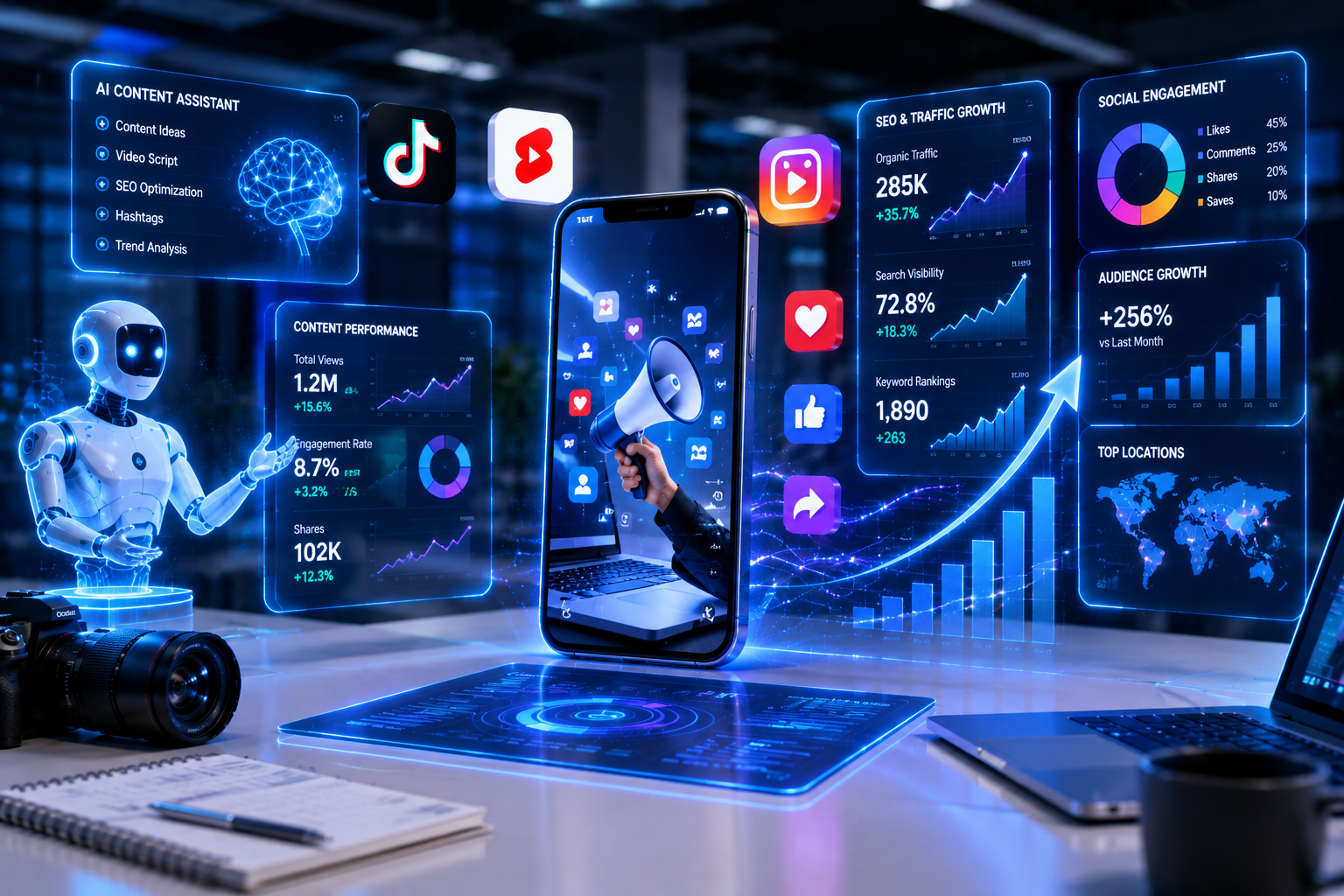 AI-powered short-form video marketing dashboard with smartphone, social media analytics, engagement metrics, and digital growth visualization.