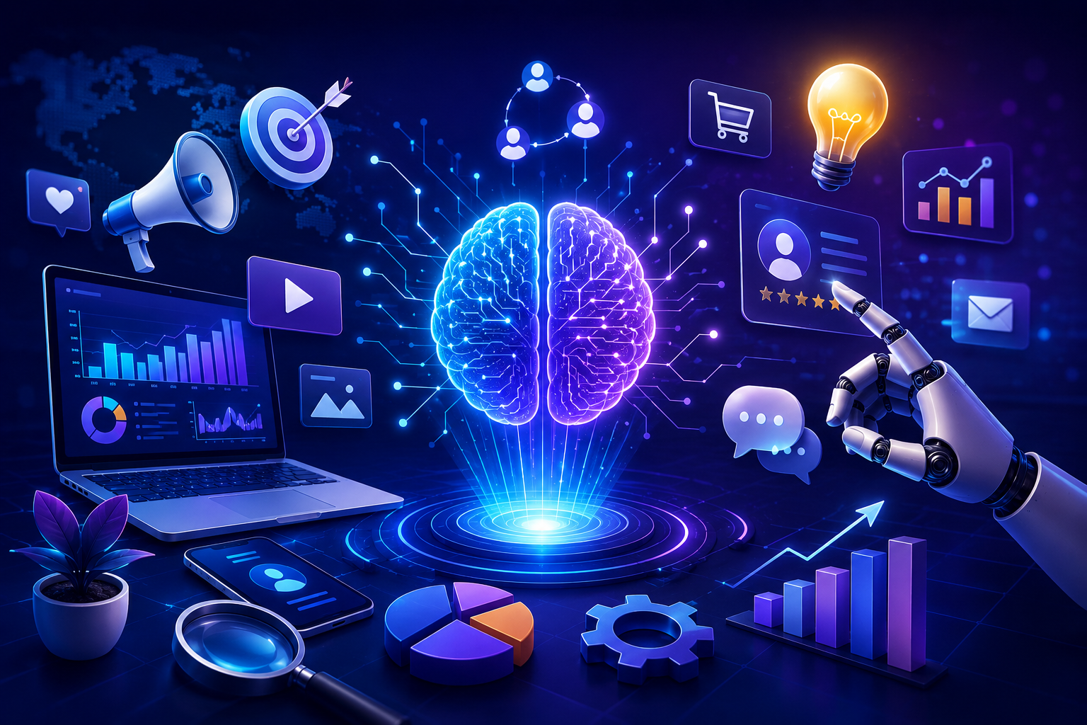 Futuristic AI marketing illustration featuring a glowing AI brain connected to digital marketing icons, analytics dashboards, a robotic hand, automation symbols, and business growth visuals on a blue technology-themed background.