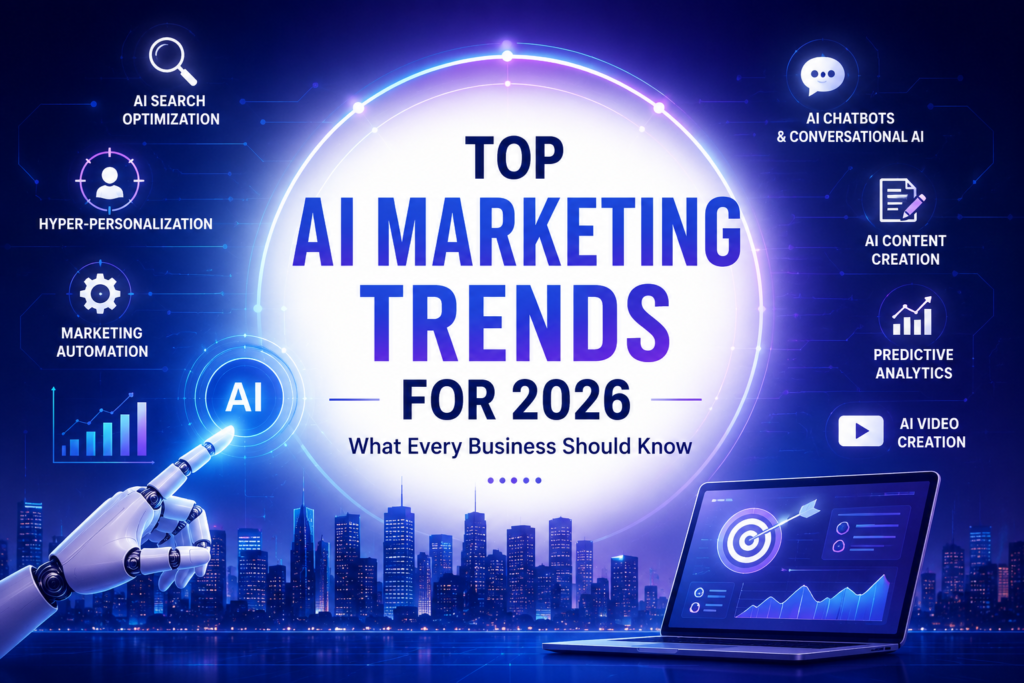 Futuristic AI marketing concept featuring a robotic hand, digital analytics dashboard, AI-powered marketing icons, and a city skyline with the centered title 'Top AI Marketing Trends for 2026'