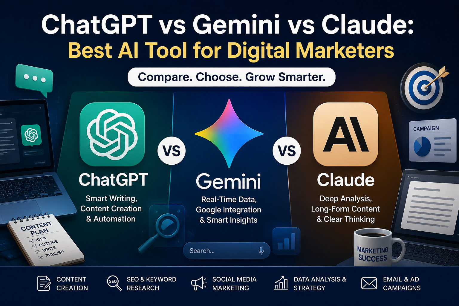 Featured image comparing ChatGPT, Google Gemini, and Claude as the best AI tools for digital marketers in 2026.