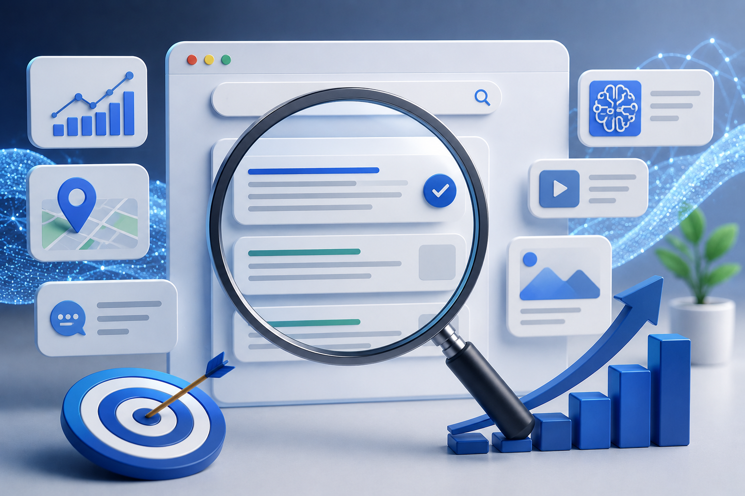 3D illustration of a modern AI-powered search interface with a magnifying glass, analytics dashboard, search results, local SEO icons, growth chart, and digital marketing elements representing zero-click search and SEO services.