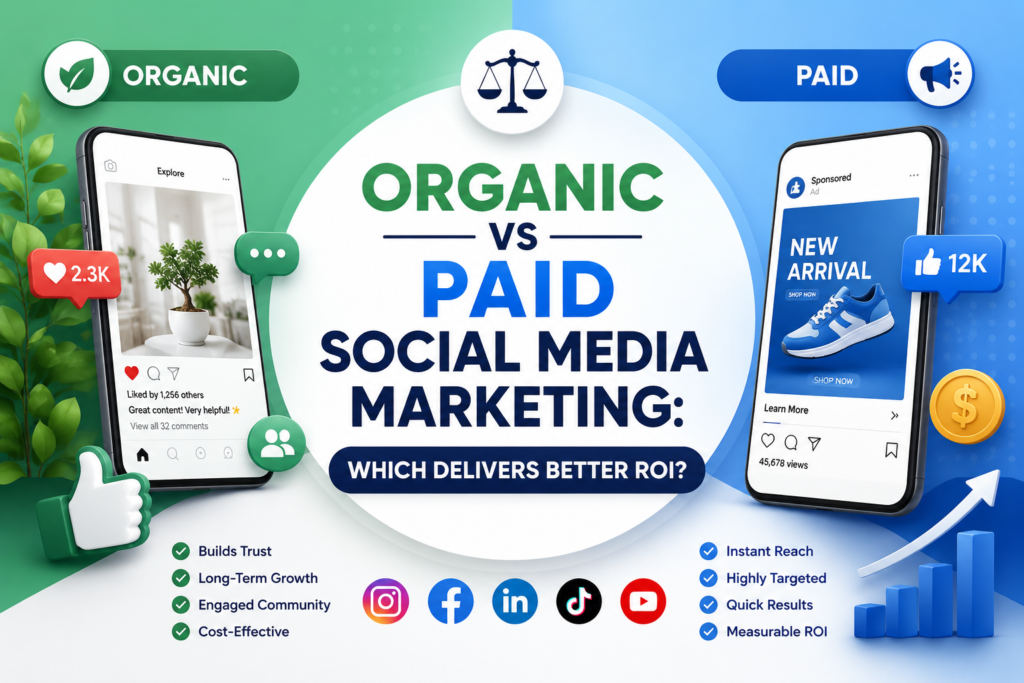 Organic vs Paid Social Media Marketing comparison infographic featuring a split green and blue design, centered title, social media platform icons, analytics graphics, and key benefits illustrating which strategy delivers better ROI