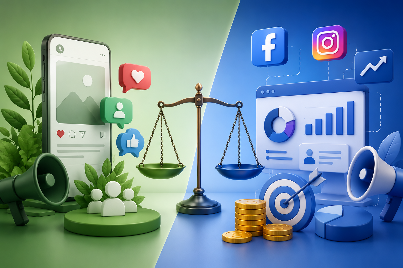 3D illustration comparing organic and paid social media marketing with a balance scale, smartphone interface, social engagement icons, analytics dashboard, target, charts, and growth elements on a green and blue background