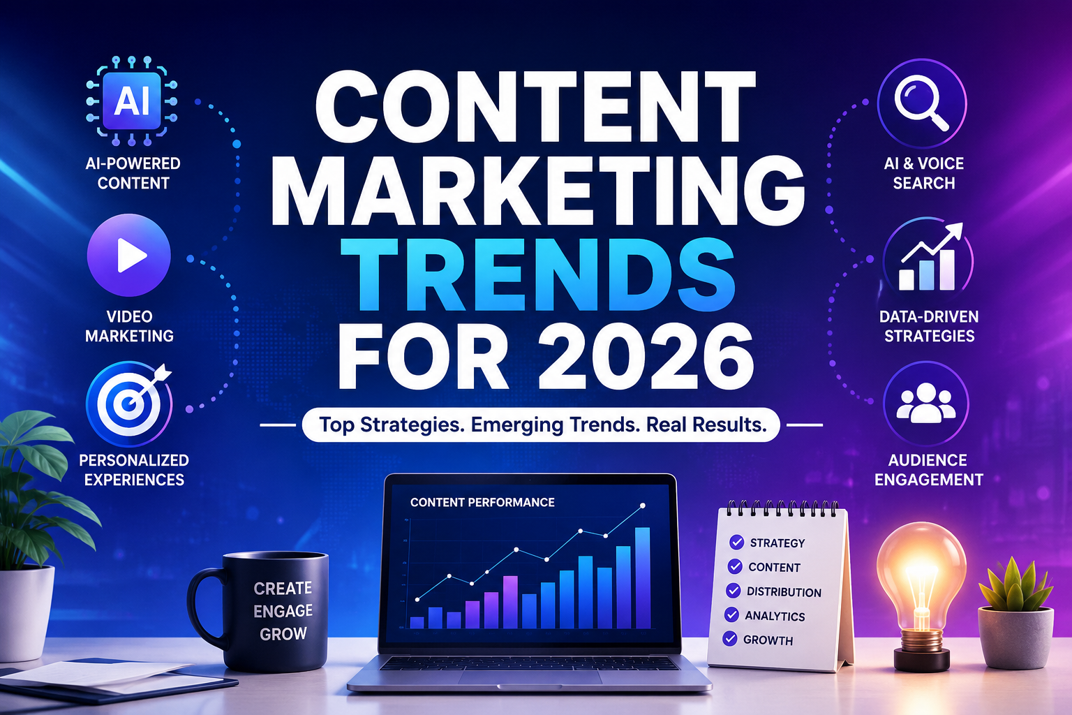 Modern content marketing workspace featuring a laptop with digital marketing analytics, creative media icons, AI-inspired visuals, charts, and content creation tools representing content marketing trends in 2026.